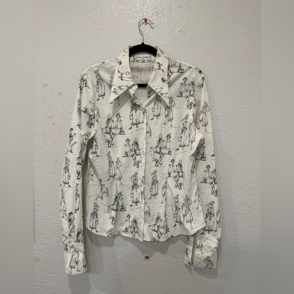 Anne Fontaine Paris Monty Blouse Women Size 4 Ivory Cotton Fashion Sketch Print
